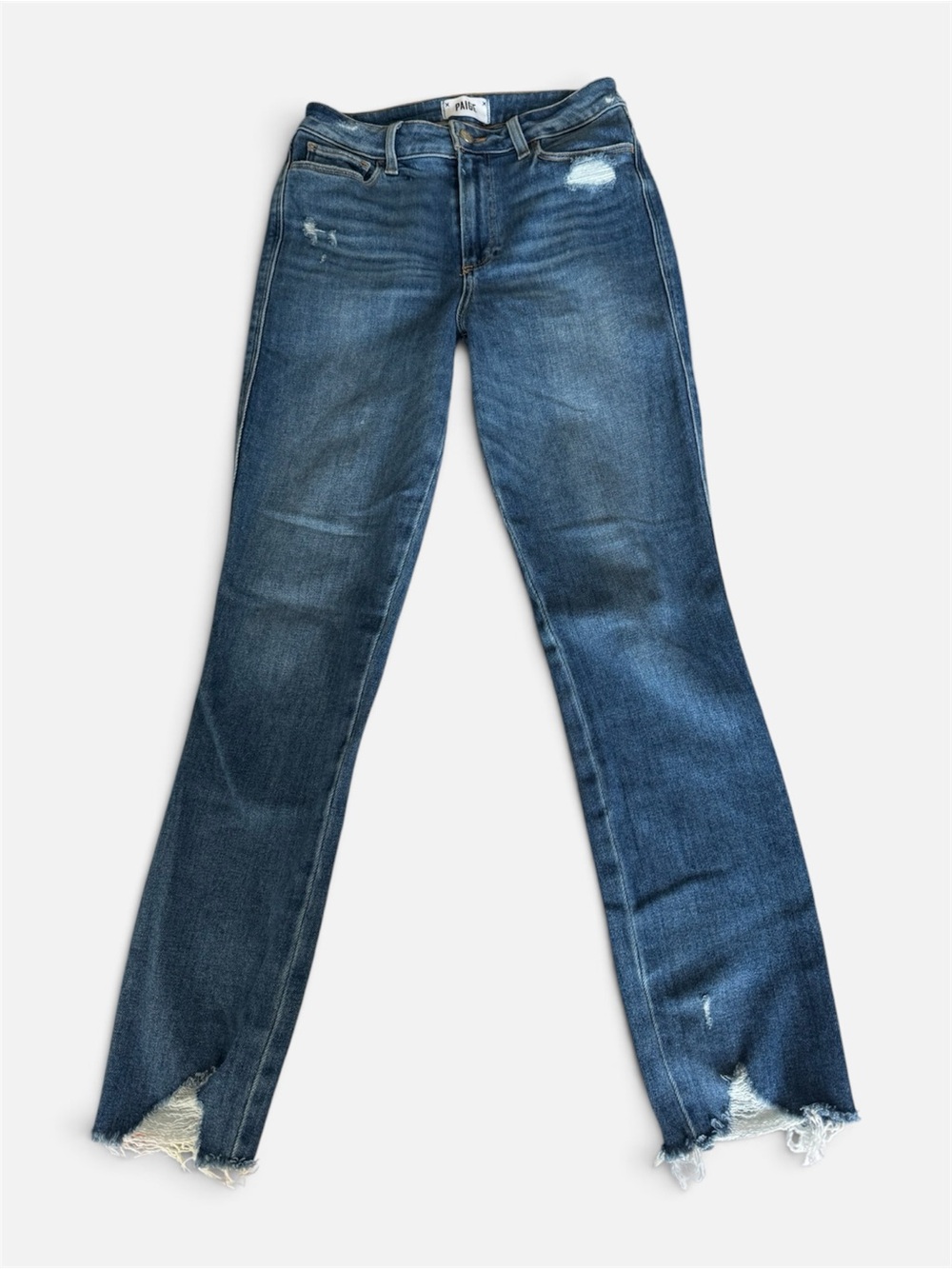 PAIGE Medium Blue Flare Jeans with Frayed Hem